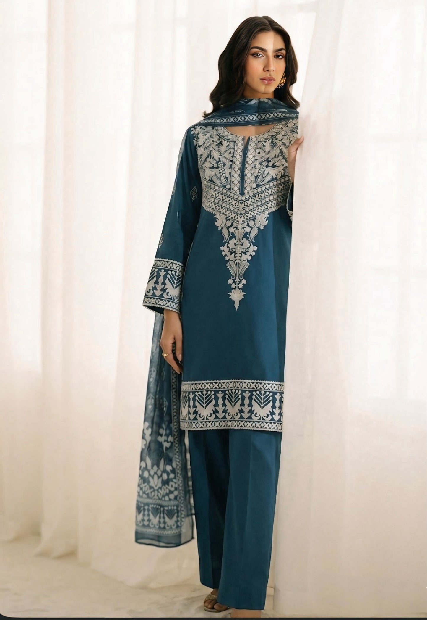 Noor-e-Mahm zink 3 Piece Embroidered Suit