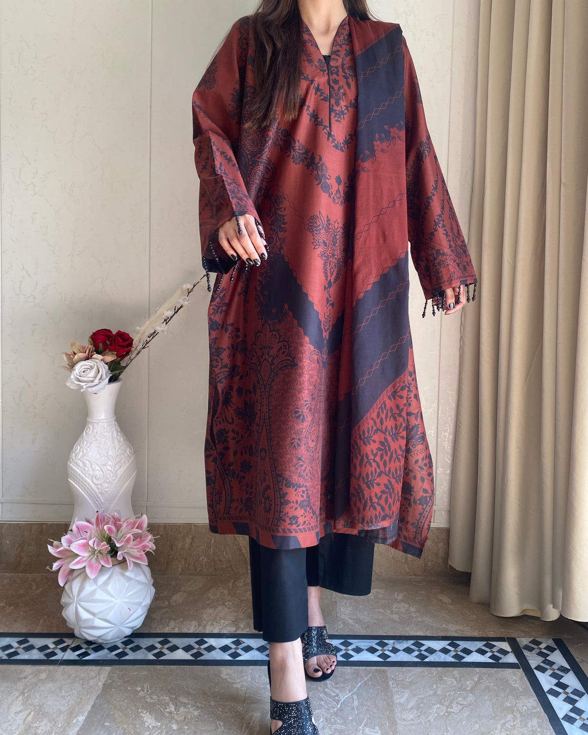Caramel Dusk | 3-Piece Stitched Printed kaftan