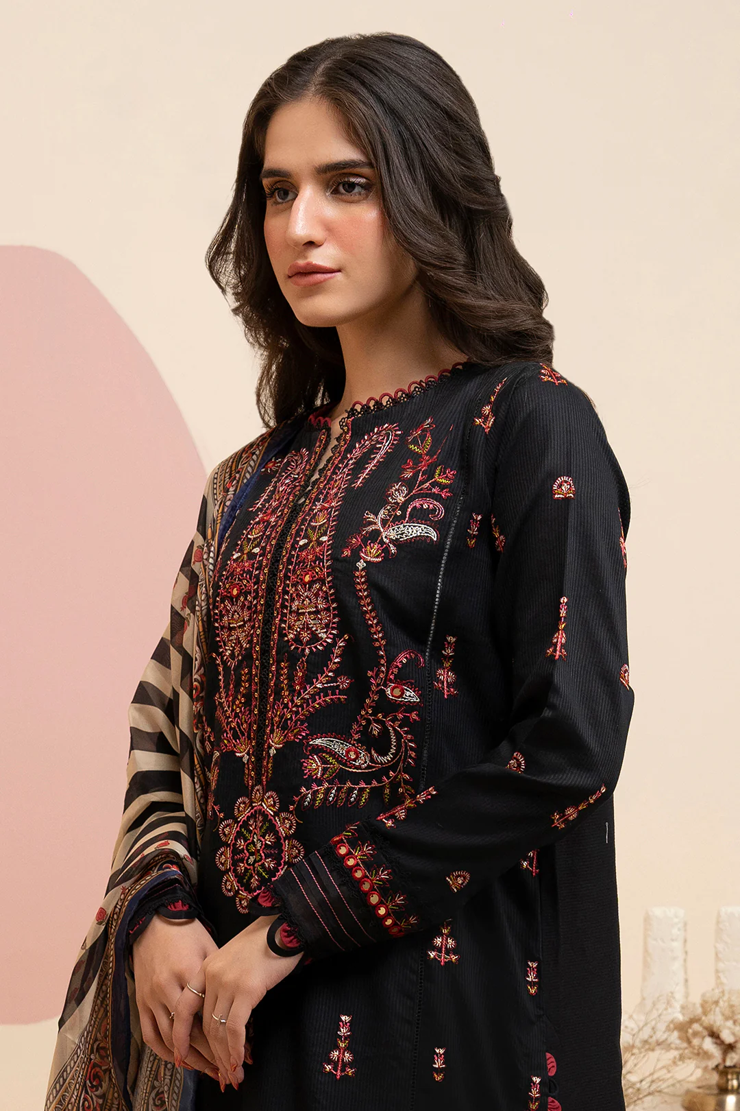 Embroidered Lawn Shirt Shalwar Dupatta in Black Color
