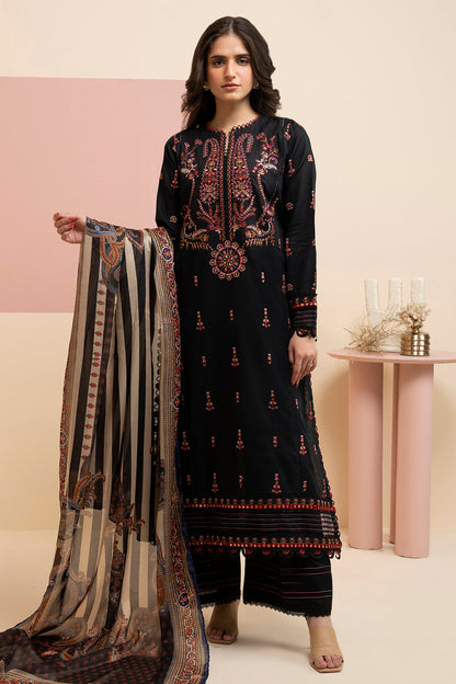 Embroidered Lawn Shirt Shalwar Dupatta in Black Color