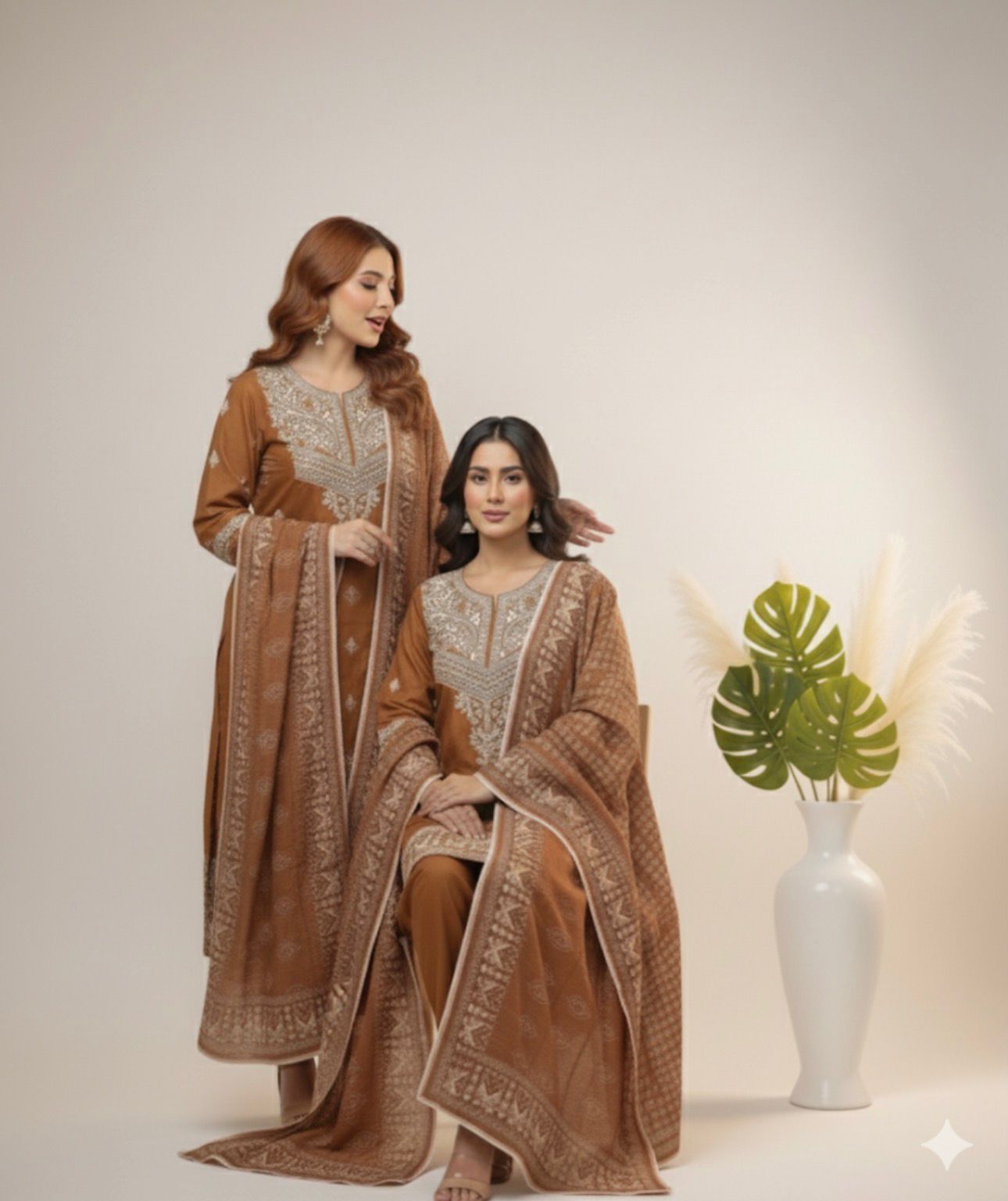 Two women in matching brown traditional outfits with intricate patterns, sitting on a white surface with a plant in the background.