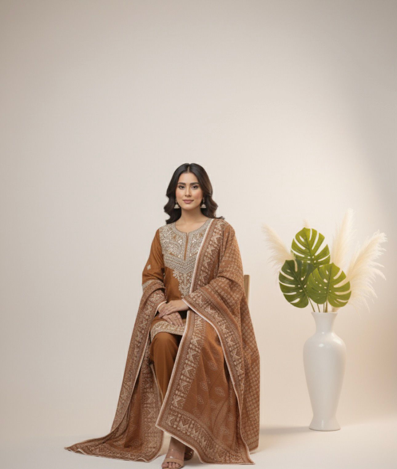 Woman in a brown traditional outfit with a white vase and plant in the background