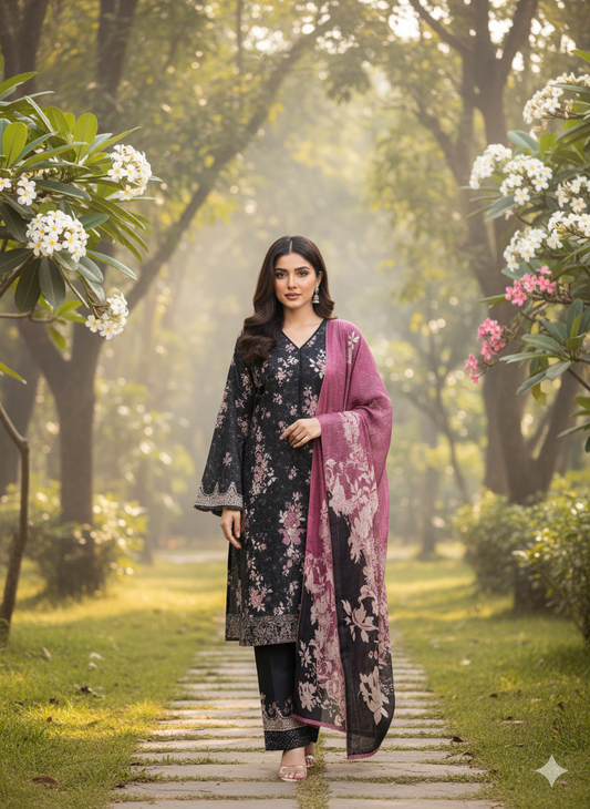 Woman in a floral dress standing on a wooden path in a garden with white flowers and greenery.