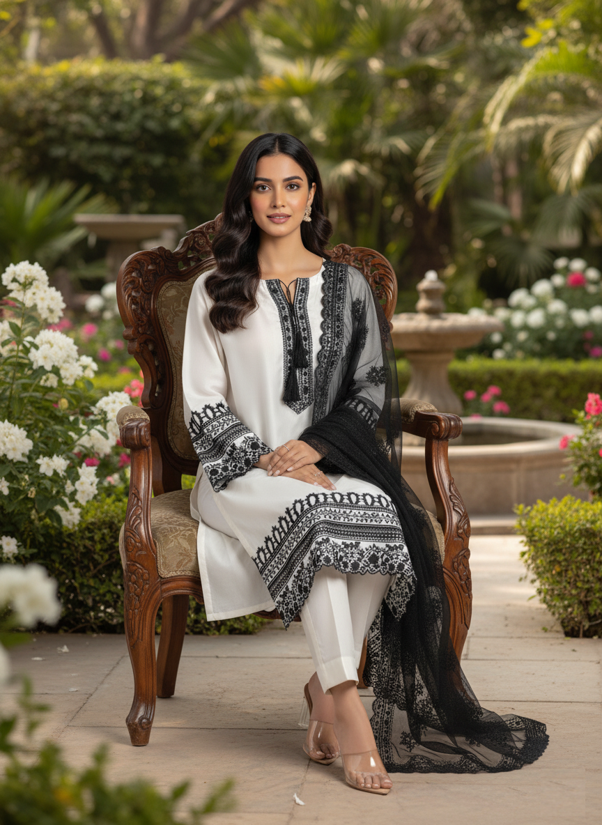 Woman in traditional outfit sitting on a wooden chair in a garden setting