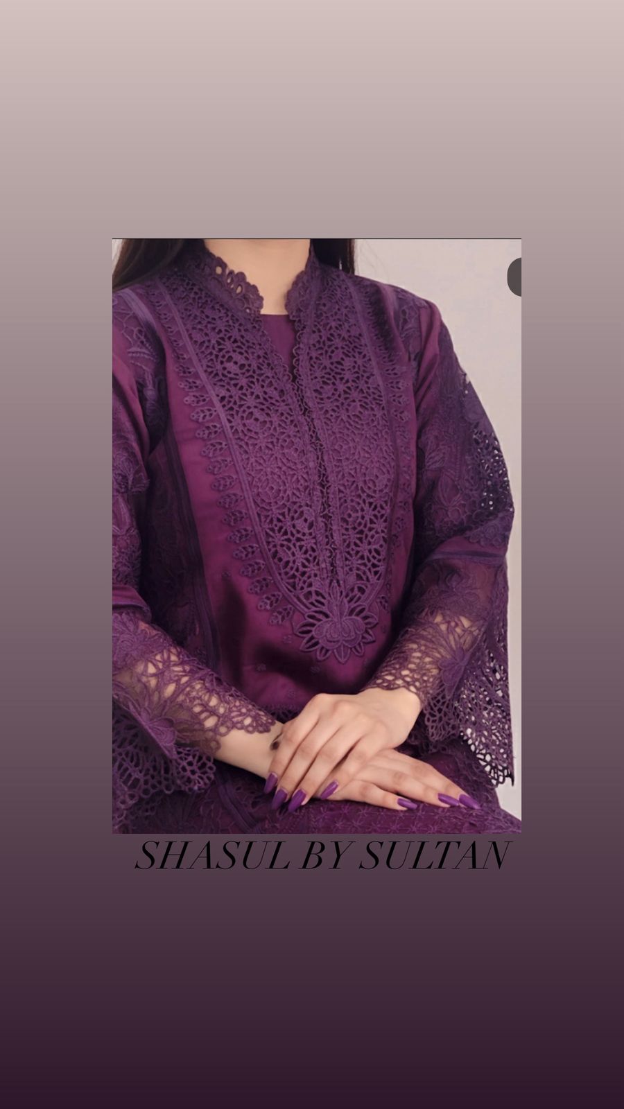 Purple lace top with 'SHASUL BY SULTAN' branding on a plain background