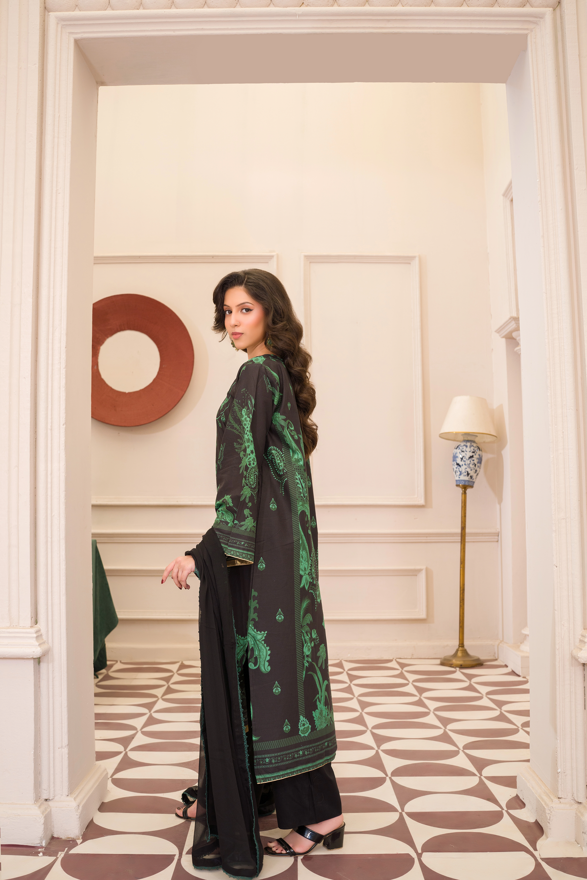 Rust Green & Black Printed Kaftan style long dress (3-Piece Stitched)