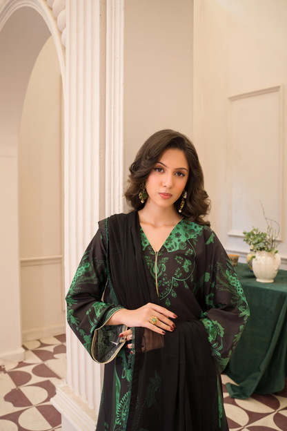 Rust Green & Black Printed Kaftan style long dress (3-Piece Stitched)
