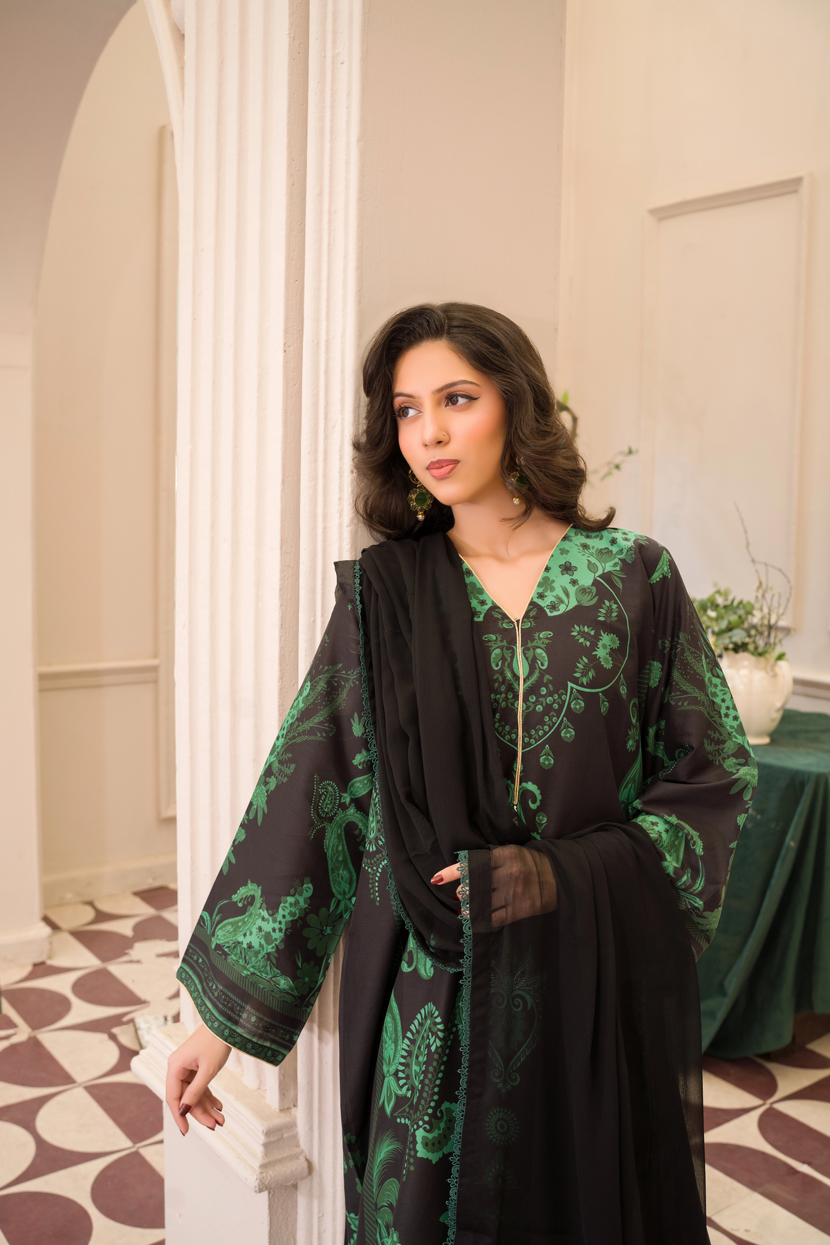 Rust Green & Black Printed Kaftan style long dress (3-Piece Stitched)