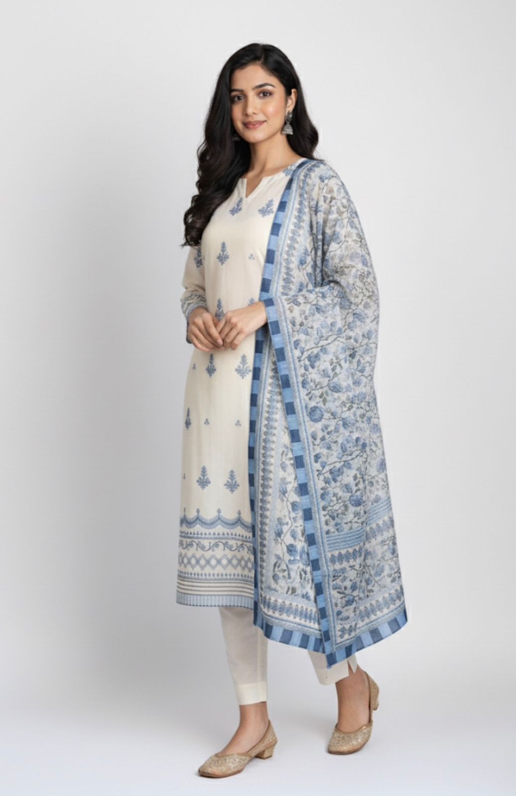 Woman wearing a white kurta with blue floral dupatta on a white background