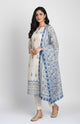 Woman wearing a white kurta with blue floral dupatta on a white background