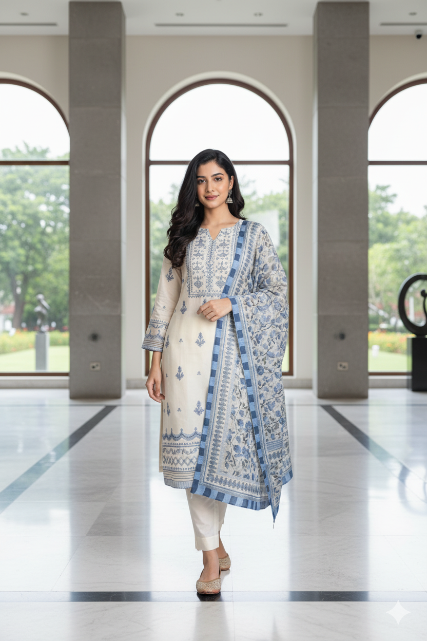 Woman in a white and blue traditional outfit standing in a modern indoor setting with large windows.