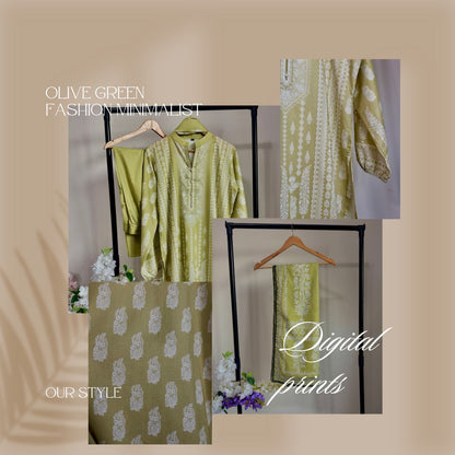 Collage of olive green clothing with digital prints on a beige background