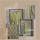 Collage of olive green clothing with digital prints on a beige background