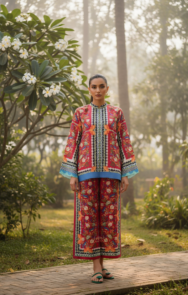 Woman in a colorful traditional outfit standing in a garden