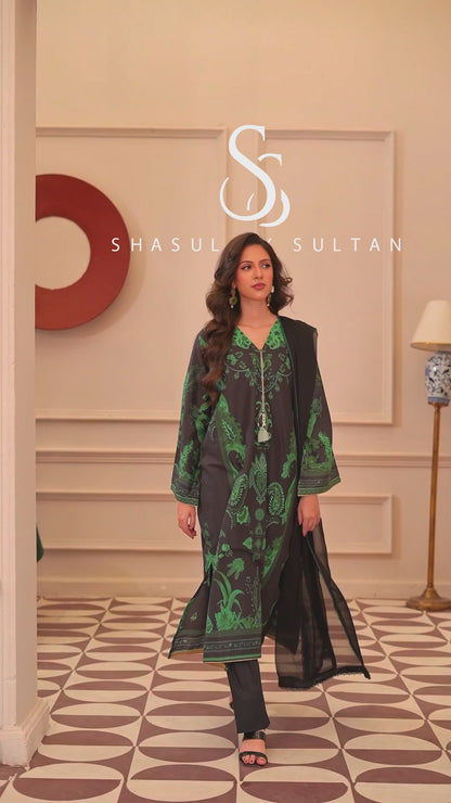 Rust Green & Black Printed Kaftan style long dress (3-Piece Stitched)